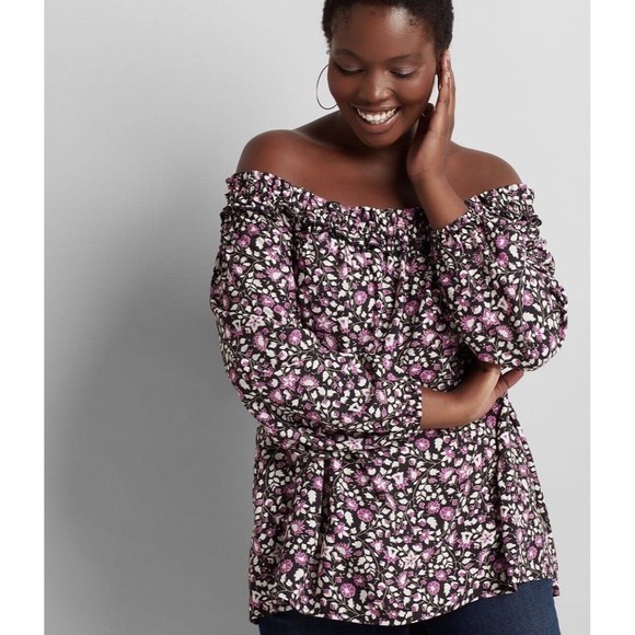 Lane Bryant Tops - Lane Bryant Square Neck Floral off shoulder Blouse- size 18/20 ditsy 3/4 sleeves